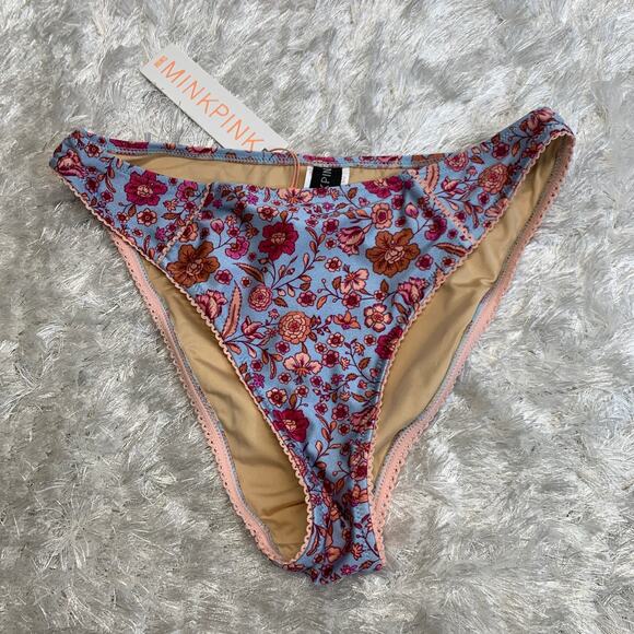 NWT MINKPINK Blue Pink Floral Chloe Mid Rise Bikini Bottoms Sz Medium - Picture 1 of 5